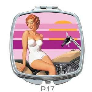  GLAM Vintage Pinup Bombshell Mirror Compact, Motorcycle 