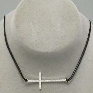  Sideways Cross Necklace, Silver & Black with Rhinestones 