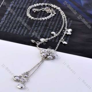 Silver tone Crystal White Camellia Pendant Bead Long Sweater Chain 
