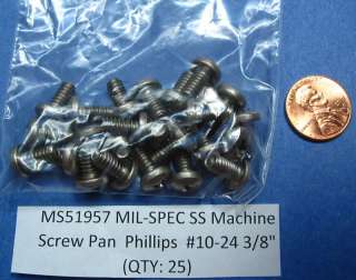 25 Lot 10 24 X 3/8 Pan MIL SPEC SS Phillips Screws PC  