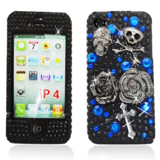 iPhone 4S 4G Skulls & Roses Black & Blue Diamond SnapOn Case Cover w 