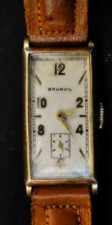 Vintage Brunvil Leather Band Mens Wristwatch 10k Rolled Gold Watch 