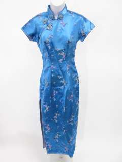 YUE HUA Blue Floral Print Short Sleeve Long Dress Sz 34  
