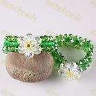 Pj11 Green Clear Crystal Glass Jade Flower Beads Stretc