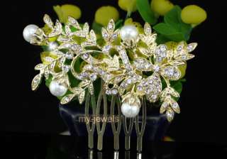 Wedding Flower Faux Pearl Gold Plated Hair Comb T1352  