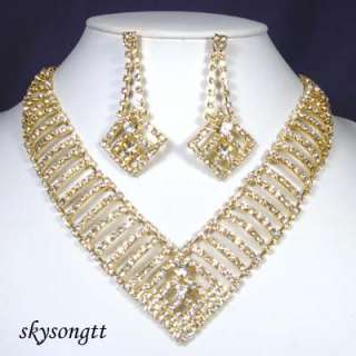 Swarovski Clear Crystal Bridal Pendant Gold Necklace Earrings Set 