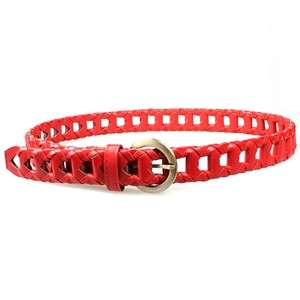 Women Red Adjustable Woven Braided Thin Skinny Belt YX1605RD  