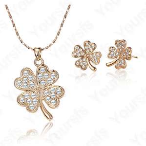   Plated Multi Swarovski Crystal Four Leaf Clover Necklace Jewelry Set