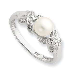 Sterling Silver Rhodium 6mm FW Cult Button Pearl and Diamond Ring 