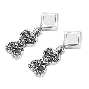 Marcasite Earrings with Mother of Pearl and Clear CZ   Hearts   18 mm