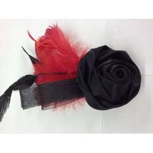 Black Rose With Red Feather Hair Clip Pin Brooch for Clothing Hats 