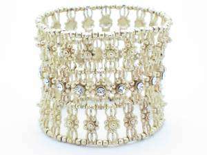 18KT YELLOW GOLD PLATED WHITE CRYSTAL WIDE DESIGN STRETCH BRACELET NEW 