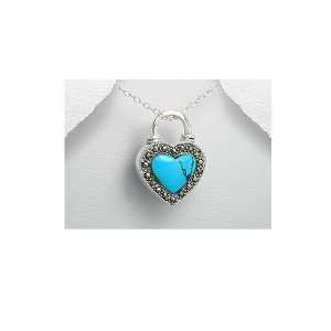  Sterling Silver, Marcasite and Stone Heart Pendant   Blue 