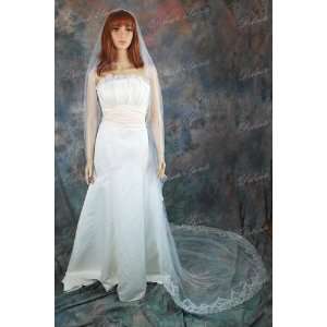  1T Ivory Rose Scalloped Lace Cathedral Wedding Veil 