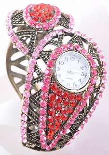Red Rhinestone Crystal Cuff Watch Bangle Bracelet B035_1  