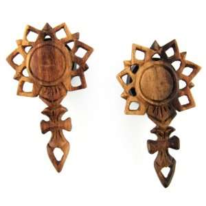  Perforated Hand Carved Wood Crest On Solid Horn Plug Earrings 