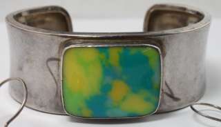 Taxco Mexico Yellow & Blue Cloud Glass Sterling Silver Cuff Bracelet 