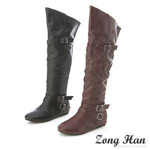 BN Womens Combat 2 Ways Leather Bow Trim Knee Heels Boots in Brown 