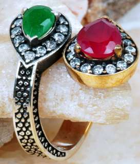 Ancient Art Antique Style RUBY & EMERALD Silver 925 ring  