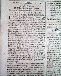   WASHINGTON Addressed 1798 Worcester MA Newspaper Day of Thanksgiving