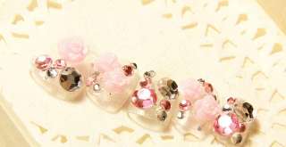 24 PCS Japanese Pre design 3D Rose Glitter Diamond White False Nail 