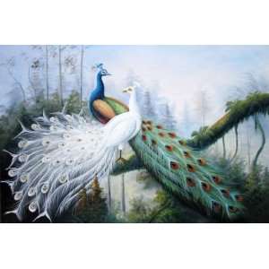  Pair of White and Blue Peacocks in Forest Oil Painting 24 