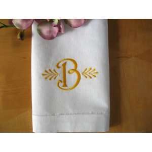 Monogrammed White Linen Hand Towel w/ Single Initial Font C  