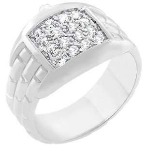  White Gold Rhodium Bonded Watch Mens Ring with Pave Cz 