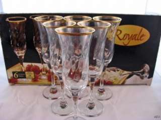 NEW Set/6 Royale 24kt Gold Rim Champagne Flutes Glasses NIB  