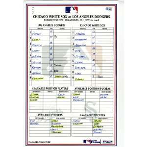  White Sox at Dodgers 6 26 2008 Game Used Lineup Card (MLB 