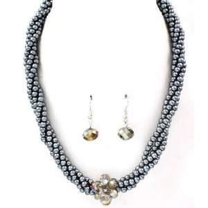  Necklace   Gray Necklace and Earring SET / Pearl / Bead / Interlaced 