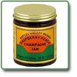 Raspberry Peach Champagne Jam   11 oz glass jar.  Grocery 