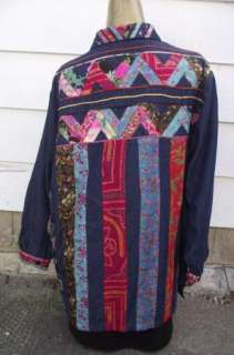 Sandy Starkman Denim & Silk Folk Art Shirt Sz L  