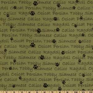 44 Wide Cats And Dogs Words Olive Fabric By The Yard 