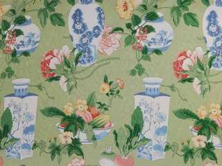 Blue Porcelain Green Floral Drapery Upholstery Fabric  