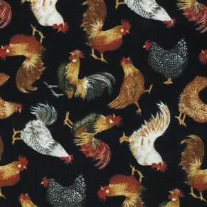 CHICKENS, HENS, ROOSTERS ON BLACK~ Cotton Quilt Fabric  