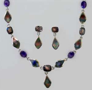 ACLEONI NECKLACE AND EARRINGS SET   AMETHYST, SMOKEY TOPAZ, SHELL (740 