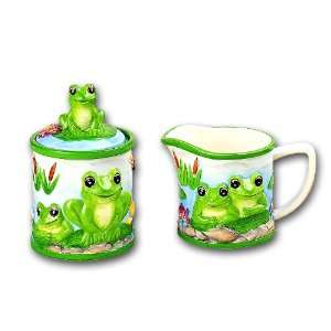  FROG 3 D Creamer & Sugar Jar Set Froggy Frogs *NEW 