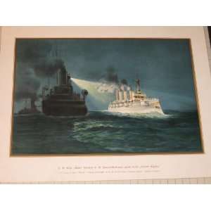 1899 German Color Lithograph H.M.Wacht Turning Searchlight on H.M 