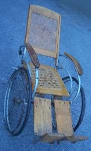 Antique OAK & CANE SEAT ARROW WHEELCHAIR Adjustable  