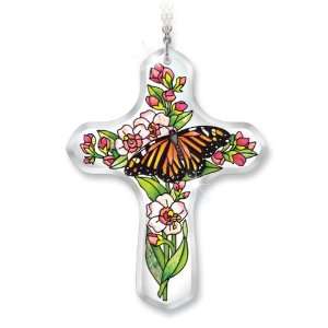 Amia 8725 Cross Butterfly and Floral Design Hand Painted Glass, 6 Inch 