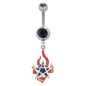 316L Surgical Steel   Black Gothic Flame Pentacle Belly Ring   14g 3/8 