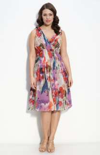 Adrianna Papell Pleated Floral Silk Dress (Plus)