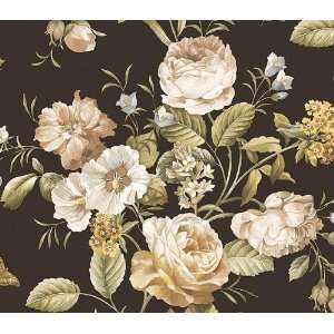 Cabbage Rose Bouquet Beige/Black Wallpaper by Warner in Quintessential 