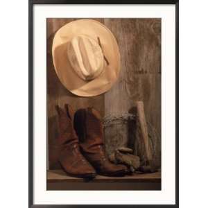 Cowboy Hat and Boots, Barbed Wire and Hammer Framed Photographic 