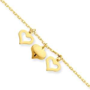  14k 3 Hearts w/1 inch Extension Anklet Jewelry