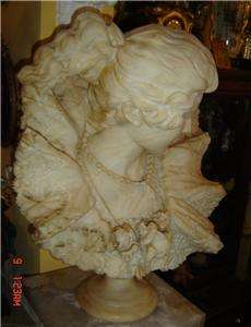 ANTIQUE HUGE Signed Italian Alabaster Bust Sculpture  