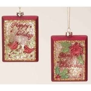 Pack of 6 Rejoice Rectangular Red Glass Glittered Christmas Ornaments 