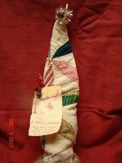   Christmas Santas Hat~vintage quilt~tinsel, postcard tag, cream,rd