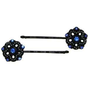 Pair Of Antique Style Bobby Pins with Beads And Rhinestones In Blue 